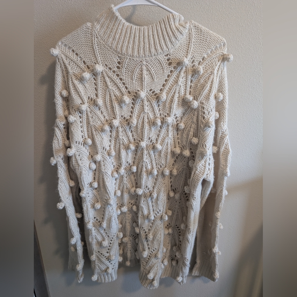 Pink Lilly Cream Sweater Puff Balls Cozy Women's Large Excellent Condition Cream